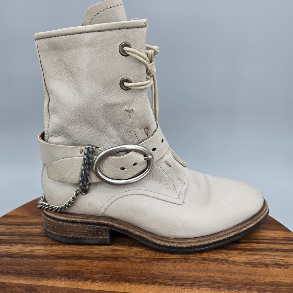 A.S. 98 Boots Womens 7.5 38 Ivory Cream Leather Zip Up Lace Buckle Moto Chain